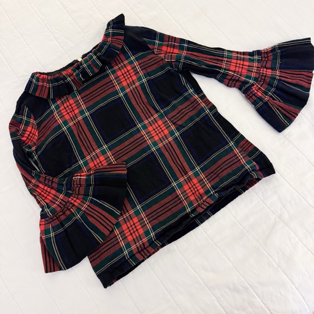 Elizabeth Wilson Tartan Plaid Ruffle Collar Bell Sleeve Katherine Top M Preppy